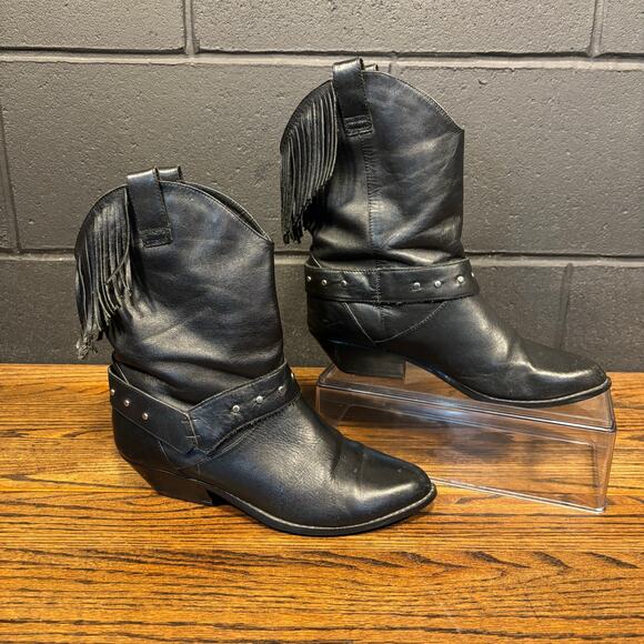 Leather Craft Black Leather Mid-calf Western Fringe Cowboy Boots Women's 7.5 - Picture 1 of 12